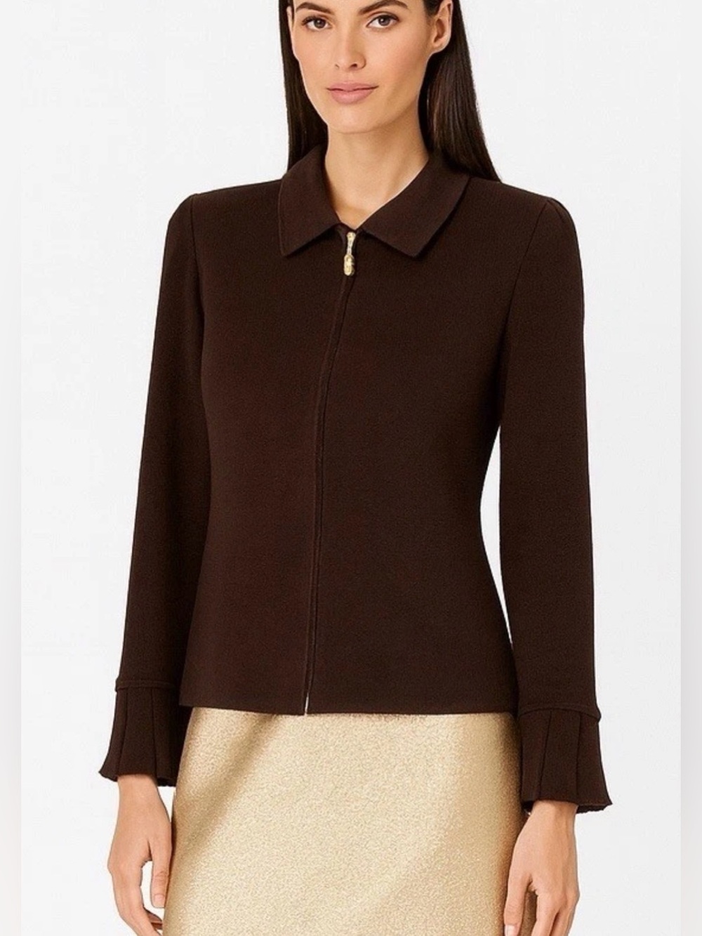 St. John Chocolate Brown Zip-Front Jacket with Petite Collar